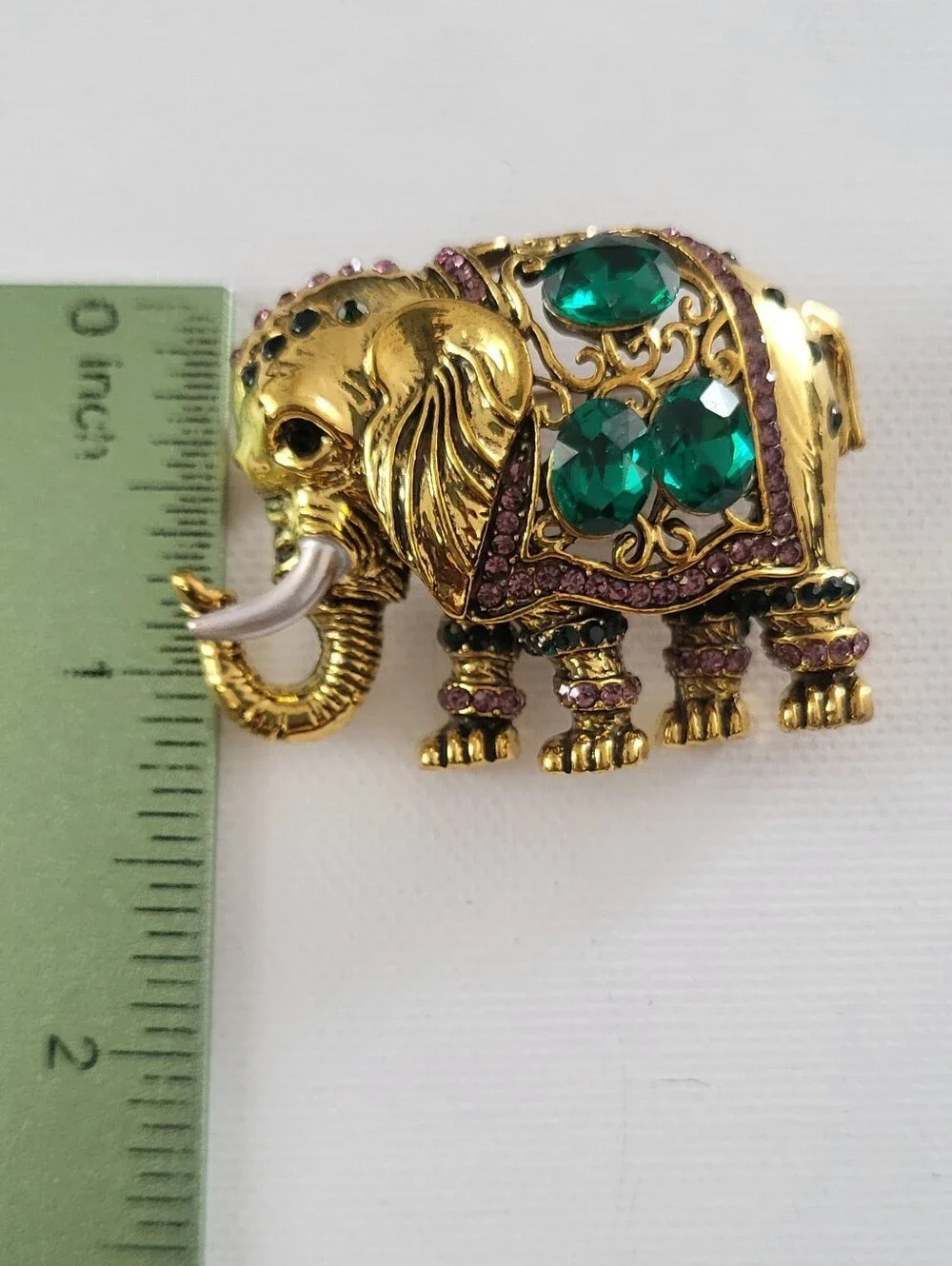 Goldtone Elephant Brooch with Green and Purple Accents
